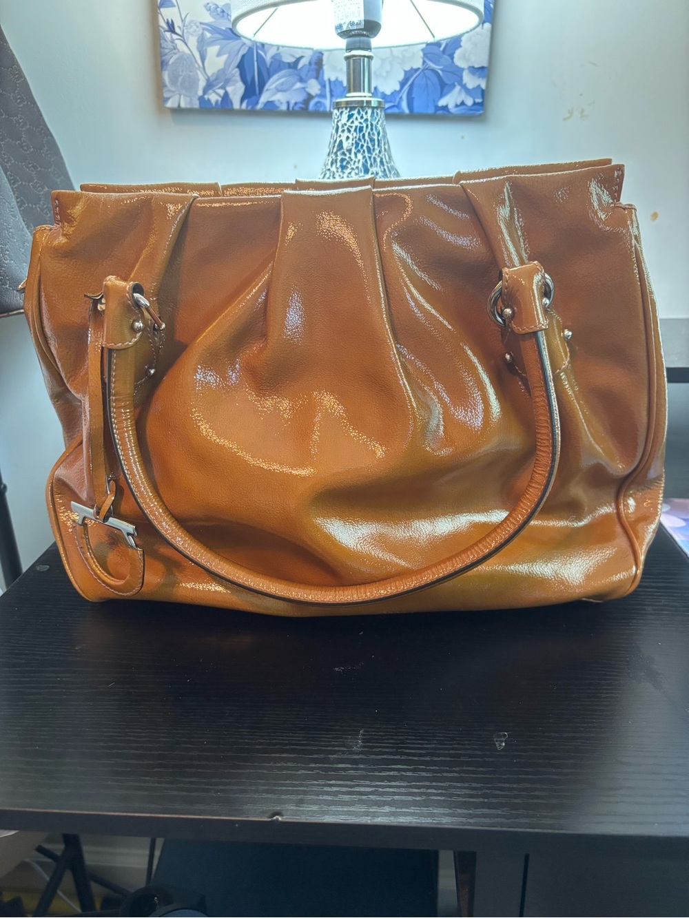 Authentic Ferragamo Marisa Gancini Pleated Patent Leather Bag - Tan